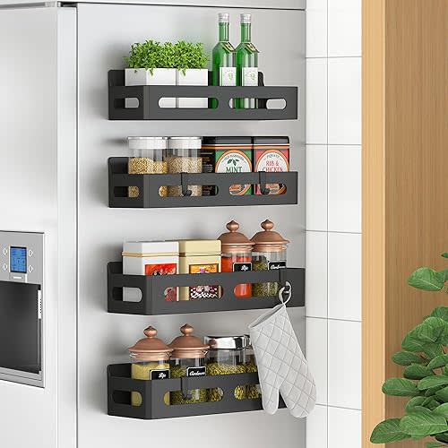 4 Pack Magnetic Spice Rack for Refrigerator, Spice Rack Organizer, Moveable Magnetic Shelf Fridge Organizer with 4 Hooks for Kitchen and Oven Organization, Black