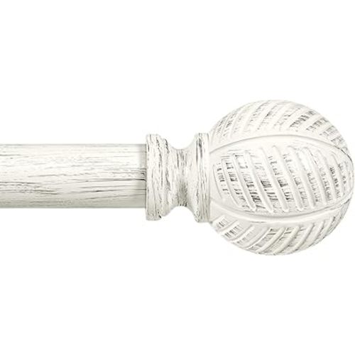 Zeerobee Wood Curtain Rods for Windows 48 to 84, 1 Inch Heavy Duty Drapery Rods with Imitation Wood Grain Leaf Pattern Finials, Indoor/Outdoor Modern Curtain Pole, 32"-86", White