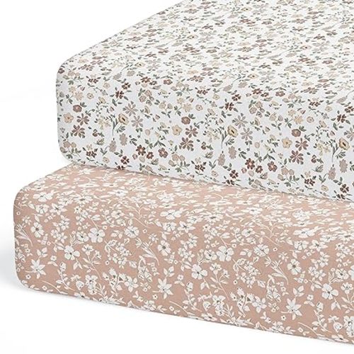 Crib Sheets Neutral - Fitted Baby Crib Sheets Bed for Girl Boy - 2 Pack Standard & Toddler Mattress (Fleurette) - Buttery Soft Organic Cotton Blend