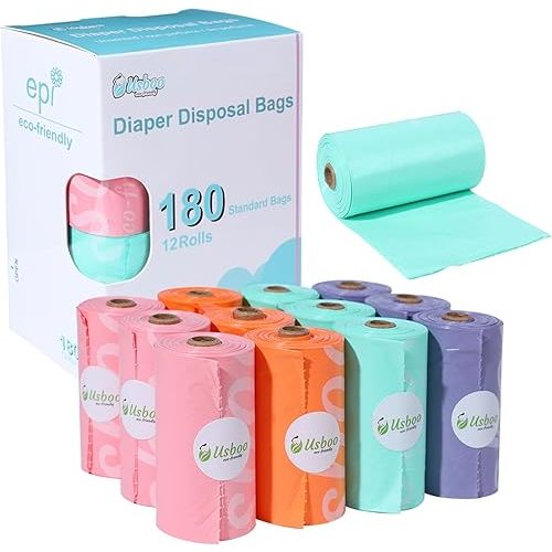 Diaper Bags Disposable for Baby, 12 Refill Rolls/180 Bags OXO-Biodegradable Waste Bags,Dirty Disposable Diaper Bags,Diaper Trash Bags,Rainbow