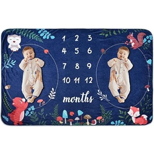 Baby Monthly Milestone Blanket for Twins,Newborn Photo Blanket for Tracking Growth and Memories,Newborn Month Blanket,Soft Fleece,Cute Forest Style,40x60