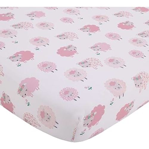 NoJo Farm Chic - Little Lambs Pink, Grey & White Fitted Crib Sheet, Pink, Grey, White
