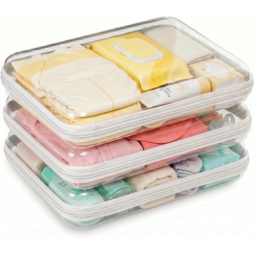 3 Pack Large Clear Hard Shell Zipper Case, Diaper Bag Organizer Pouches, Water-Resistant Travel Toiletry Bags for Baby Essentials, Toys, Cables, Crafts, Makeup, White