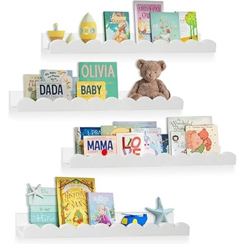 Nursery Book Shelves Set of 4, White Floating Shelves for Wall, Kids' Bookshelf Nursery Book Shelves Decor, Scalloped Shelf Hanging Storage Racks for Baby Toddler Children Room Decor