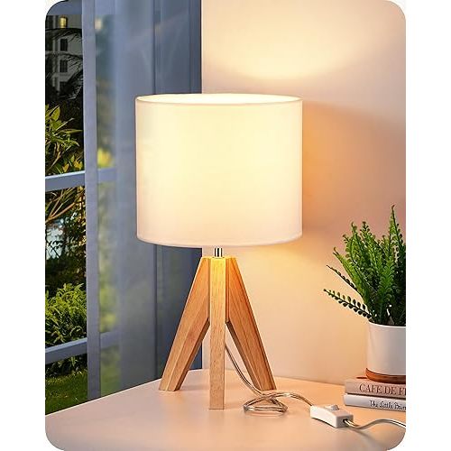 EDISHINE Small Cute Table Lamp, Wood Tripod Nightstand Lamp, Mid Century Bedside Lamp with Linen Fabric Shade for Nursery, Living Room, Bedroom, End Table, UL Listed, 14.2 Inch, ON/Off Switch