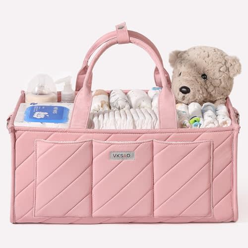 Pink Diaper Caddy Organizer – Portable Storage Basket with Shoulder Strap & Stroller Hooks, Splashproof Quilted Nursery & Car Tote for Baby Girl Shower Gift, Baby Registry, Blush Pink