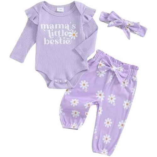 Infant Baby Girl Long Sleeve Mama's Little Bestie Letter Print Ribbed Romper Elastic Daisy Pants Headband Outfits