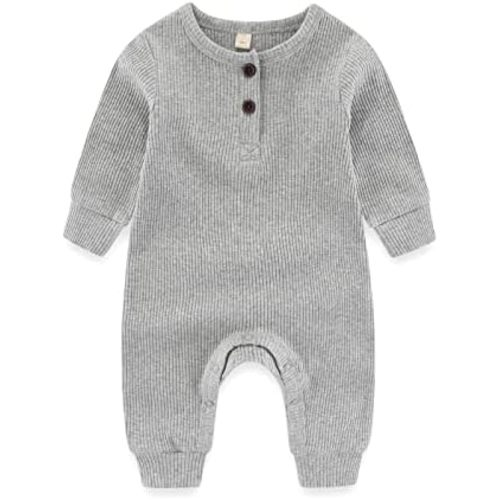 Newborn Baby Boys Girls One Piece Romper with Mitten Cuffs Solid Long Sleeve Ribbed Button Jumpsuit Outfit Clothes