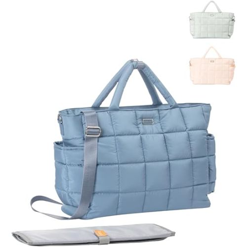 WelaVila Diaper Bag, Puffer Style Messenger Baby Bag, Chic Baby Essentials Travel Bag with Changing Pad & Insulated Pockets, Multifunction Diaper Tote – Royal Blue