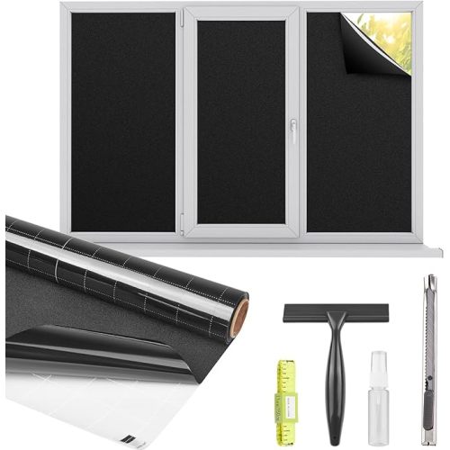 Kromapolis Blackout Window Privacy Film Total Light Blocking Room Darkening Window Covering, Removable Static Cling Frosted Glass Tint, Non-Adhesive, Black 17.5'' x 78.7''