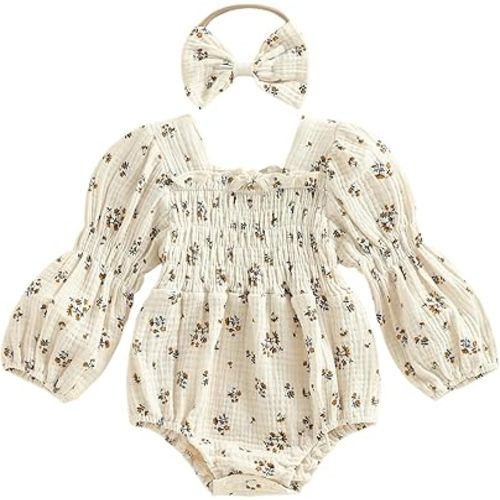 Smocked Baby Girl Clothes Newborn Girl Bubble Romper Long Sleeve Jumpsuit And Headband Outfit Cute Infant Clothing