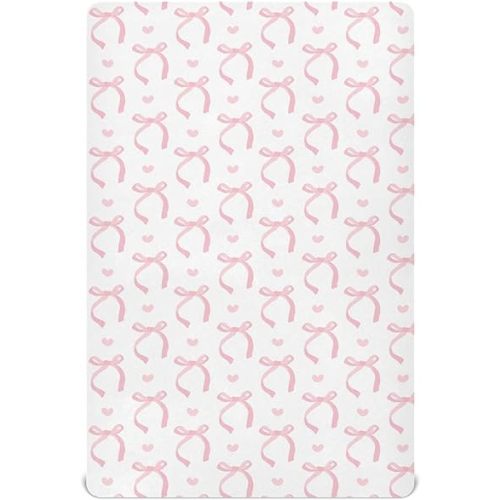 Aslsiy Cute Coquette Pink Bow Fitted Crib Sheet for Baby White Nursery Mattress Sheets Playard Sheet Stretchy Mini Crib 52x28in