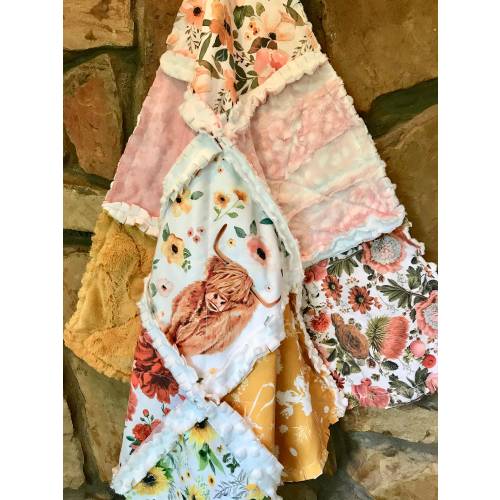 Highland Cow Lovey, Sunflowers Gold CottageDome Pink Fawn Fur Rust Yellow Orange Floral Baby Girl 22"x22” Security Blanket Baby Blanket