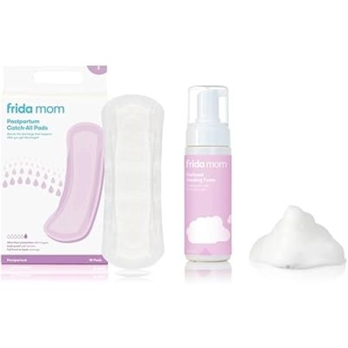Frida Mom Postpartum Leak Proof Pads (18ct) + Frida Mom Witch Hazel Perineal Healing Foam for Postpartum Care, Cooling Pain Relief and Hemorrhoid Treatment, 5 Fl Oz
