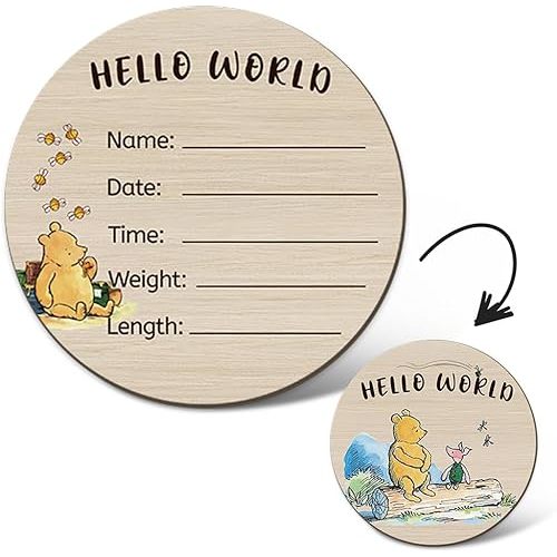 Classic Winnie Baby Announcement Sign for Girl Boy Double Sided Wooden Round Circles with Hello World for Newborn Photo Prop Nursery Decor