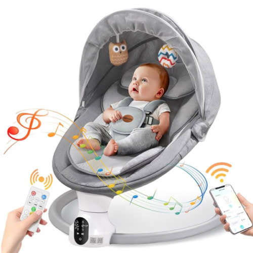 Baby Swings for Infants - Exclusive App & Bluetooth Function, Electric Baby Swing with 5 Point Harness & 5 Sway Speeds, 10 Preset Lullabies, Portable Infant Swing for Indoor/Outdoor (Light Gray)