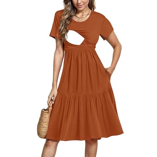 PARNIXS Women's Summer Nursing Dress Short Sleeve Maternity Knee Length Breastfeeding Dress