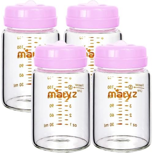 Matyz 4-Pack Breast Milk Collection Bottles (Pink, 6 Oz Each) - No BPA Glass Milk Storage Bottles with Lids - Suitable for Philips Avent & Medela Spectra Pumps