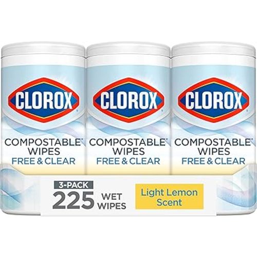 Clorox Free & Clear Compostable Cleaning Wipes, Light Lemon Scent, 75 Count, Pack of 3 (Pack May Vary)