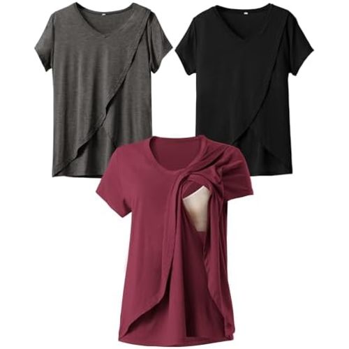 Rnxrbb V Neck Nursing Tops for Breastfeeding Tshirts Summer Postpartum Clothes Sets Short Sleeve 3 Pack Double Layer - Size L