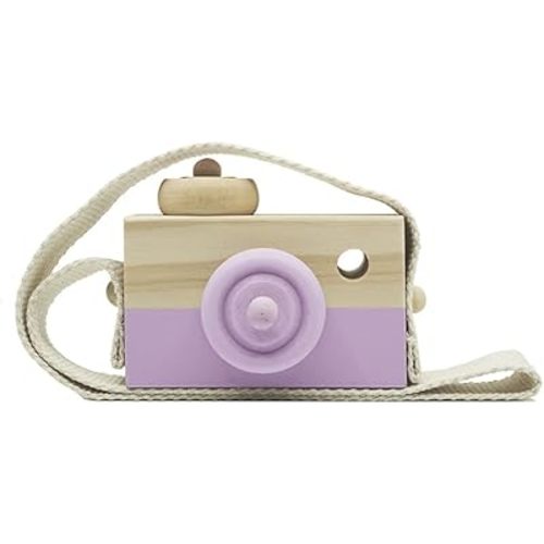 Baby Toy Wooden Mini Camera Toy, Kid Cute Mini Sharpe Toy Neck Hanging Photographed Props for Toddlers Children Kids' Room Hanging Decor Gift (Purple)