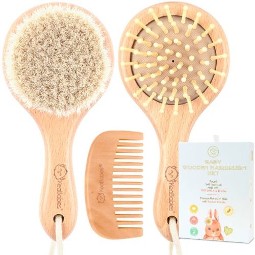 KeaBabies Baby Hair Brush, Natural Wooden Cradle Cap Brush with Soft Goat Bristle, Perfect Baby Hair Brush Set (Round, Walnut)