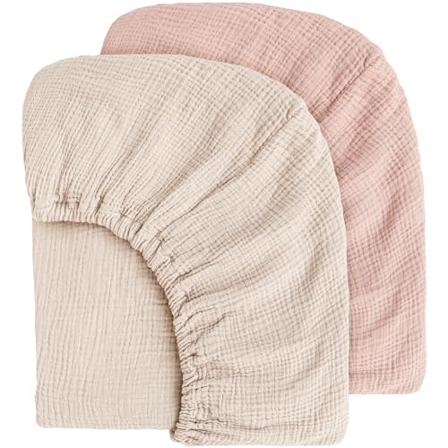 MairMore Muslin Crib Sheets for Baby Girls and Boys, Neutral Fitted Baby Bed Sheets for Standard Crib & Toddler Mattress - Soft and Breathable - 52"x28" (Pink & Ivory)