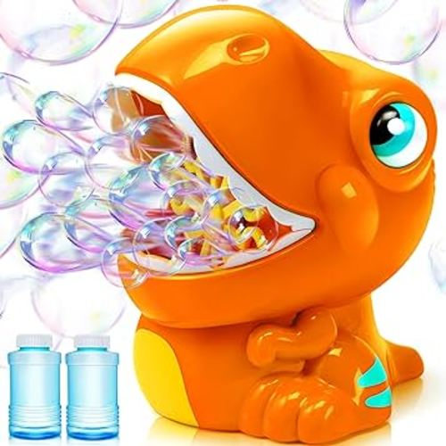 JOYIN Dinosaur Bubble Machine, 5000+ Bubbles Per Minute, Bubble Blower with 2 Bubble Solutions for Kids, Summer Outdoor Indoor Toy, Dinosaur Party Favor, Kids Birthday Gift (Orange)