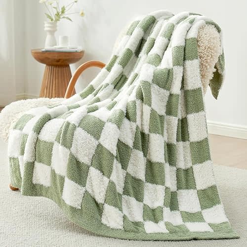 Snuggle Sac Sage Green Checkered Throw Blanket Faux Fur Knitted with Microfiber Yarn, Cozy Soft Warm Spring Blankets for Couch,Sofa,Bedroom,Sage Green Checker,50x60 inches