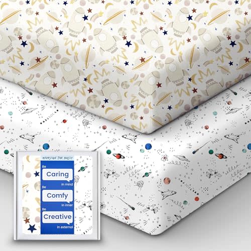 TotBasic Pack and Play Sheets Fitted, Ultra Soft Mini Crib Sheets Boy, Neutral Pack N Play Mattress Sheets Hypoallergenic and Soothing, Premium Jersey Playard Sheets, Galaxy Space, 2 Pack