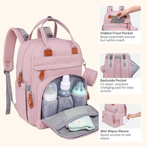BabbleRoo Diaper Bag Backpack - Baby Essentials Travel Tote Multi function Waterproof Bag, with Changing Pad, Stroller Straps & Pacifier Case Unisex, Pink