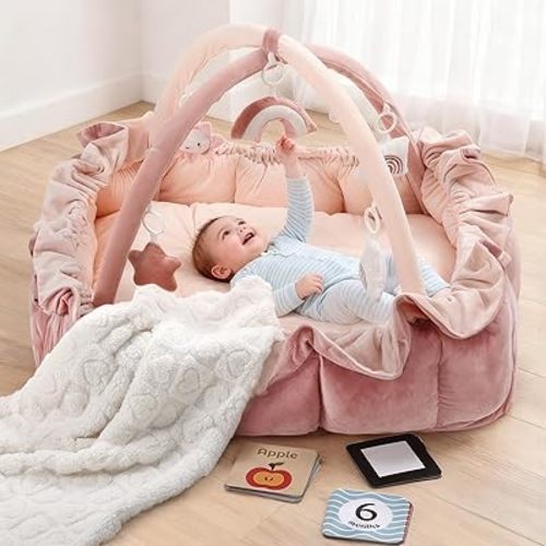 Little Dove 5-in-1 Plush Baby Play Gym, Tummy Time Mat with Blanket and 6 Sensory Toys, Baby Play Mats, Convertible Baby Gym for Sensory Development from Newborn to Toddler, Pink