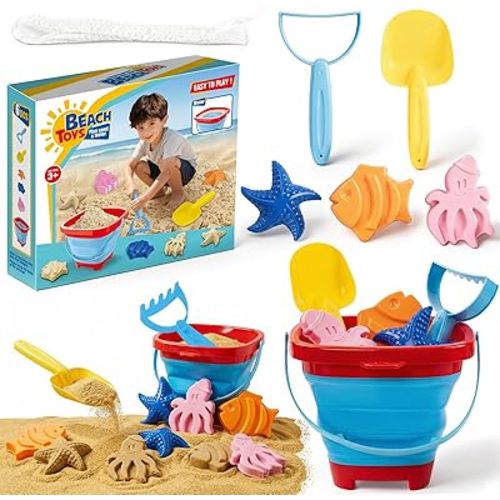 Beach Sand Toys Set for Toddlers, Portable Travel Beach Toys with Collapsible Bucket, Shovel, Rake, 3 Molds & Mesh Storage Bag for Kids, Summer Gift