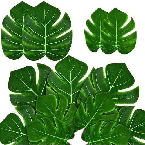 36 Pieces Artificial Tropical Palm Leaves for Jungle Safari Beach Hawaiian Luau Theme Birthday Party Table Decorations Faux Green Monstera Supplies for Wedding Large Fake Leaf Plant Decor with Stems