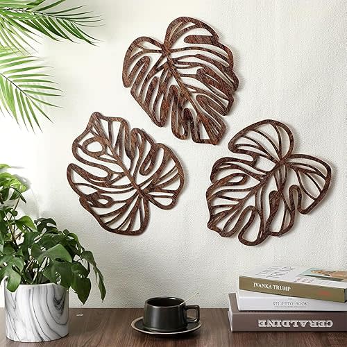 Palm Leaves Wood Wall Decor , 3Pcs Tropical Wall Art Jungle Decor, Wooden Natural Leaves Plant Wall Decor, Vintage Tropical Plant Plaque for Home Living Room Kitchen Bedroom Bathroom & Garden, Brown