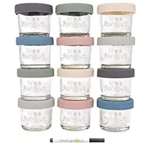 WeeSprout Glass Baby Food Containers - Set of 12, 4 oz Storage Containers, Leakproof and Airtight Silicone Lids, Freezer Safe Baby Food Jars, Measurement Markings, Microwave and Dishwasher Safe - Matte Variety - 4 oz (Silicone Lids + Embossed Glass)