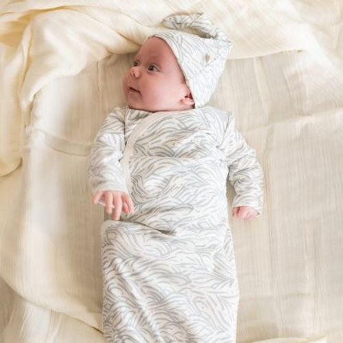 Makemake Organics GOTS Certified Organic Cotton Wrap-Front Knotted Gown for Babies - Waves, 0-3 Months