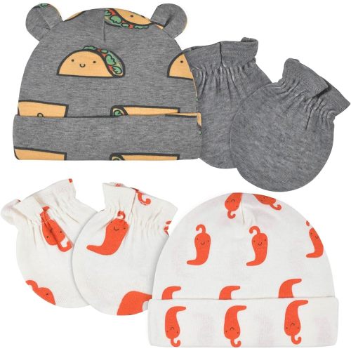 4-Piece Baby Neutral Tacos & Peppers Caps & No Scratch Mittens Set