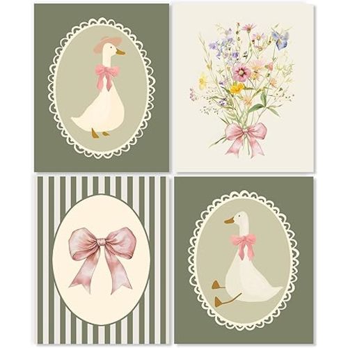 LUKIPOM Boho Girl Nursery Wall Art Prints 8x10 Set of 4, Boho Wildflowers Nursery Decor, Sage Green Coquette Bow Goose Wildflowers Floral Wall Art Posters for Baby Girl Room Bedroom Decor, Unframed
