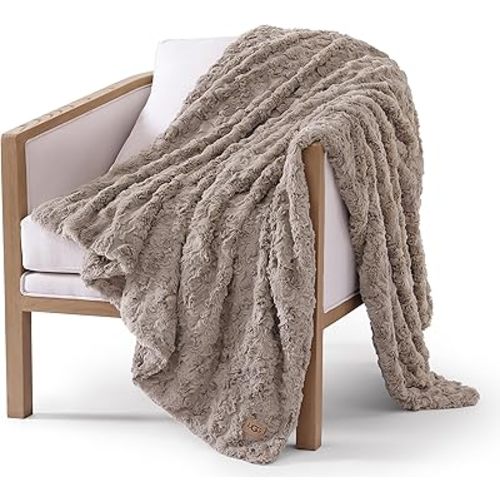 UGG Adalee Faux Fur Throw Blanket Luxury Lightweight Cozy Soft Throw for Couch Bed or Chair Hypoallergenic Machine Washable Double-Sided Fluffy Blanket Home Decor, 50-inch x 70-inch, Oyster Brown