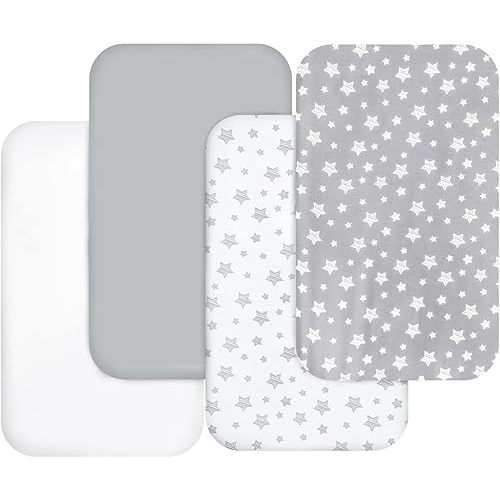 Bassinet Sheets for Baby Boys Girls 4 Pack(33" x 20"), Compatible with Mika Micky, Baby Delight, Dream On Me, Koola Baby, AMKE and Other Rectangle Bassinet Mattress, Grey