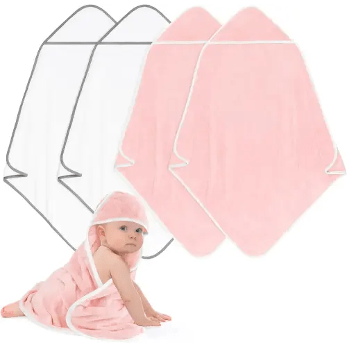 Hooded Towel for Newborns, 4 Pack Soft Coral Fleece Baby Towels, Ultra Absorbent Bath Cloths Bulk for Infants, Toddlers, Newborn Essential- 30 x 30 inch - Pink & White