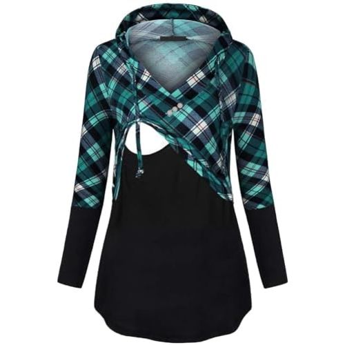 Quinee Women's Long Sleeve Plaid Colorblock Nursing Pullover Hoodie Sweatshirts