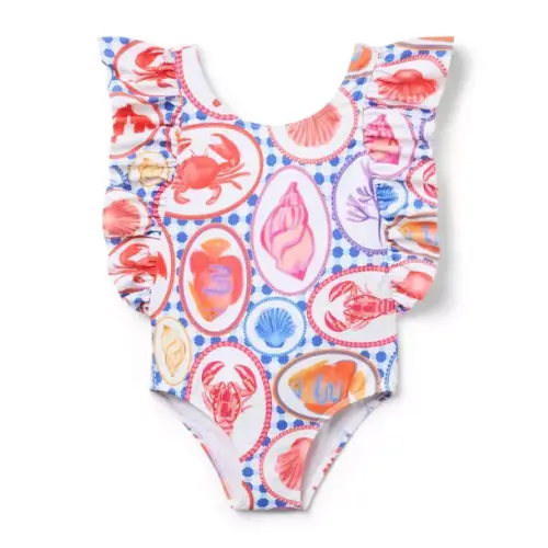 Girl White Ocean Icon Recycled Ocean Icon Ruffle Swimsuit by Janie and Jack