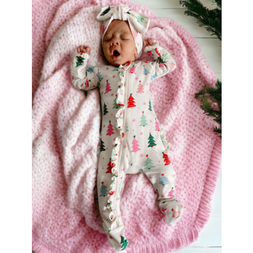 Christmas Trees Pink / Organic Frill Zip Footie