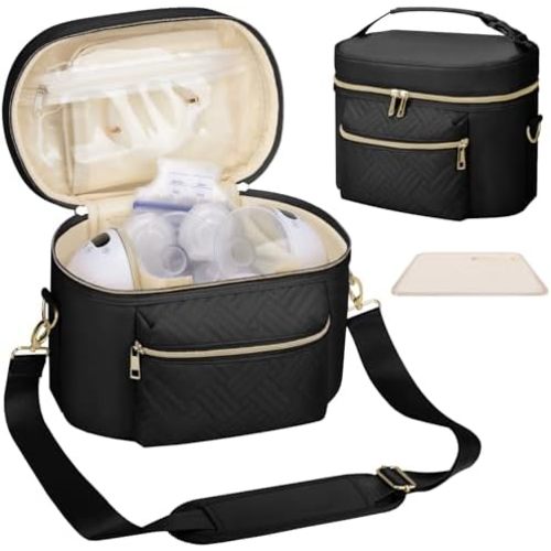 Wearable Breast Pump Bag Compatible with Willow/Elvie/Medela/Momcozy, Portable Pumps Carrying Case for Nursing & Working Moms, Pumping Bag with Mat & Shoulder Strap, Black