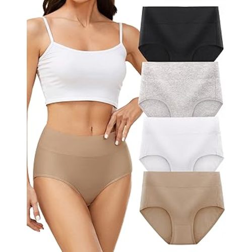 voenxe Cotton Underwear for Women,High Waisted Ladies Panties,Breathable Soft Full Coverage Briefs,Comfy Underpants,4 Pack