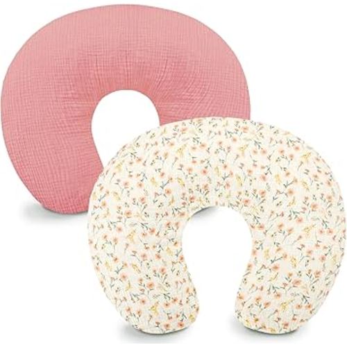 Hooyax Muslin Nursing Pillow Covers 2 Pack, Soft and Breathable Nursing Covers for Breastfeeding Pillows, Adorable Infant Feeding Pillow slipcover for Baby Boy and Girls (Pink Floral)