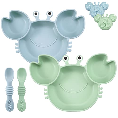 PandaEar 2 Pack Silicone Suction Plate for Baby, Divided Unbreakable Toddler Food Plate with 2 Pack Spoons for Self Feeding, Toddler Utensils Feeding Set Baby Eating Supplies, Crab Shape -Blue&Green