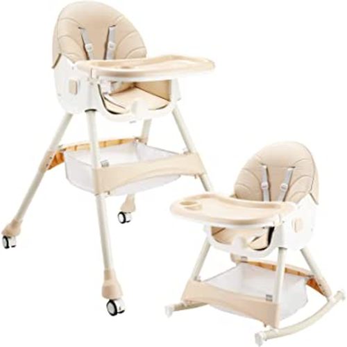 4 in 1 Baby High Chair with 2 Replaceable Cushions, MONBLAM Convertible Folding Infant Highchair, Removable Tray, Safety Adjustable Legs Swing High Chairs for Babies and Toddlers